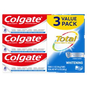 Colgate Total Whitening Toothpaste Gel;  Mint;  3 Pack;  5.1 oz Tubes