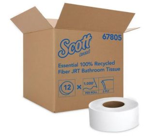 Scott Essential 100% Recycled Fiber JRT Bathroom Tissue for Business, Septic Safe, 2-Ply, White, 1000 ft, 12 Rolls/Carton