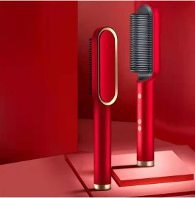 New 2 In 1 Hair Straightener Hot Comb Negative Ion Curling Tong Dual-purpose Electric Hair Brush (Option: Red-EU-Opp pack)
