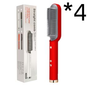 New 2 In 1 Hair Straightener Hot Comb Negative Ion Curling Tong Dual-purpose Electric Hair Brush (Option: 4pcs Red-US-With box)