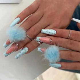 Cotton Candy Ball Diamond Wear Ballet Armor Gentle Girl Nail Sticker Fake (Option: Blue Fur Ball-Glue Model)